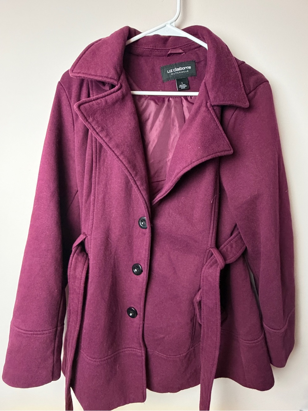 Liz Claiborne Plum Wool-Blend Peacoat with Self-Tie Waist
